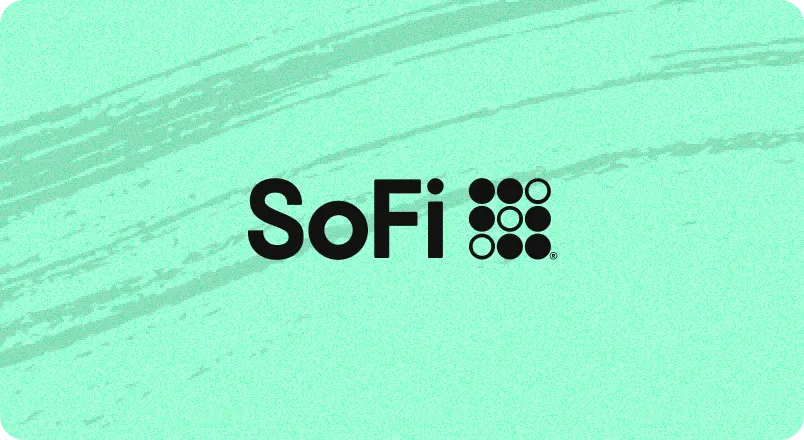 A contemporary logo displaying the word "SoFi" in bold black letters, accompanied by a unique dot pattern on its right. Set against a mint green background with subtle brush strokes, the design exudes a modern and innovative feel.