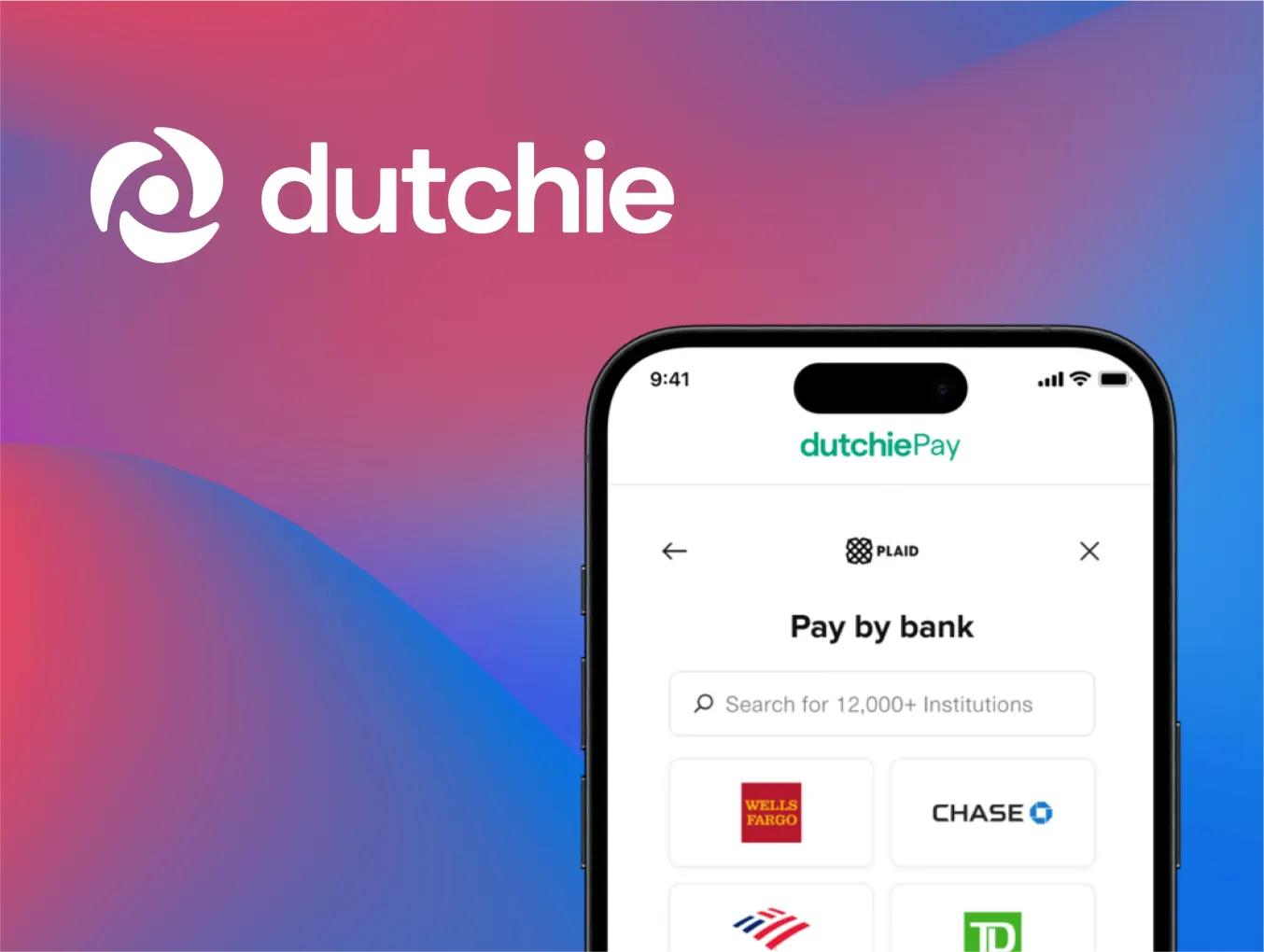 DutchiePay payment interface on a smartphone screen showing options to 'Pay by bank' using various institutions like Wells Fargo, Chase, Bank of America, and TD Bank. Dutchie logo is displayed on a colorful gradient background in the top left corner.