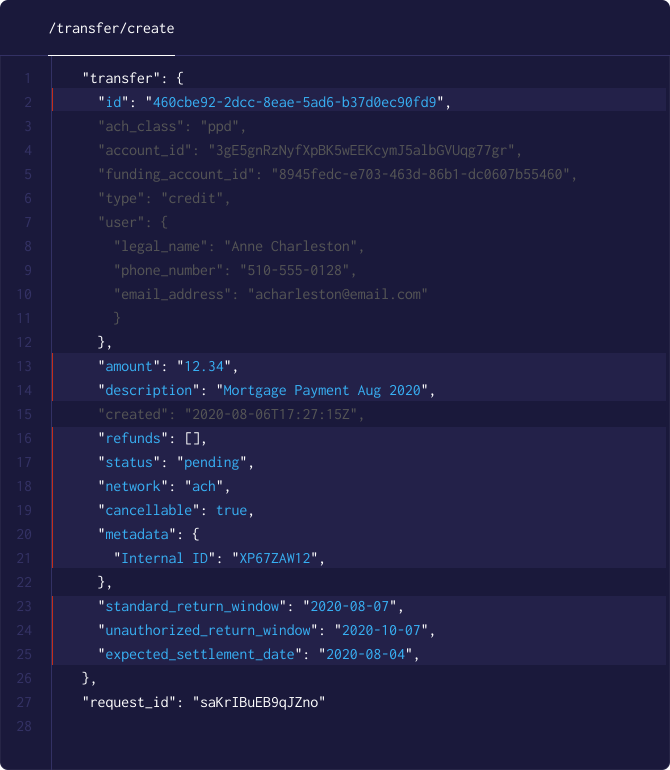 JSON code highlight various different object keys and values