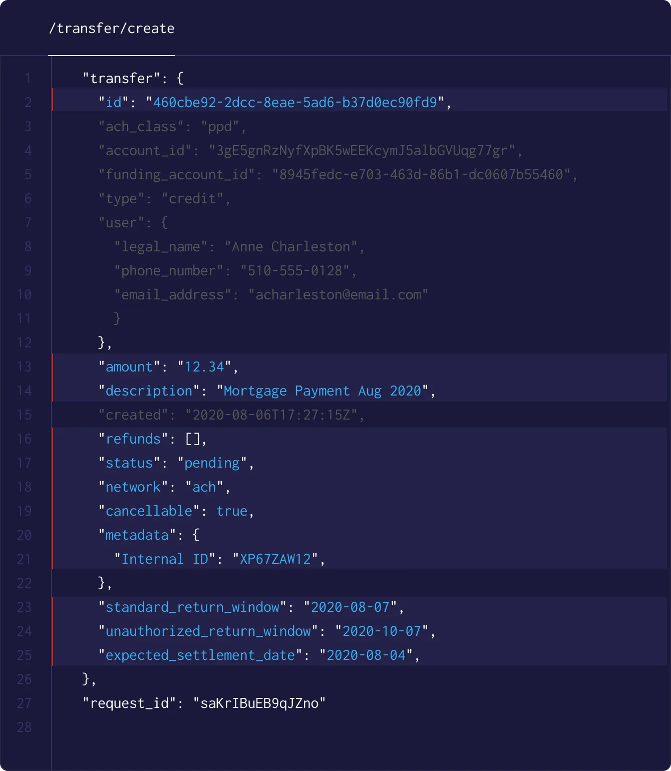 JSON code highlight various different object keys and values