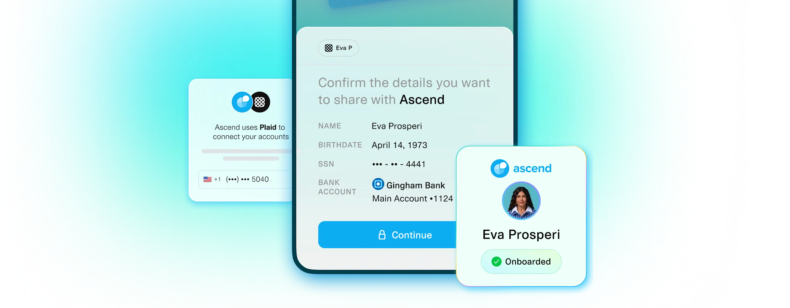 User verification screen showing Eva Prosperi’s personal and banking details being securely shared with Ascend via Plaid, with visual confirmation of successful onboarding.
