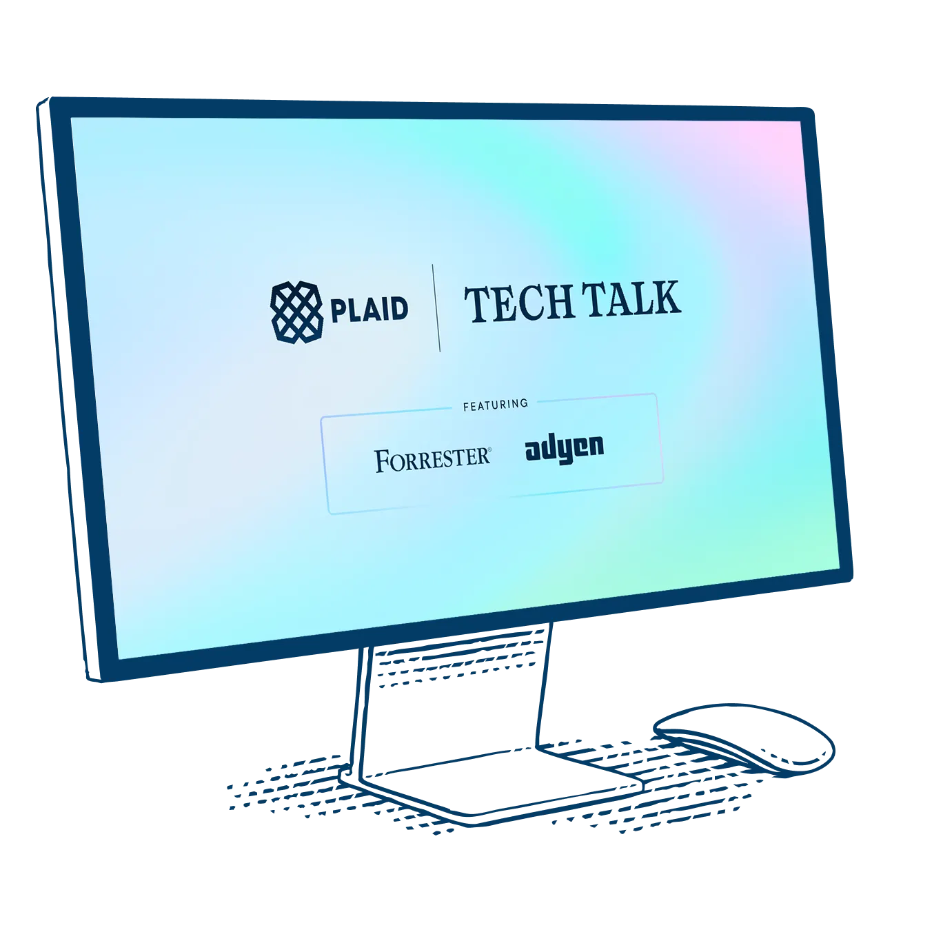 Computer monitor displaying “Plaid Tech Talk” event branding, featuring guest partners Forrester and Adyen.