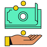 An illustration of an outstretched hand with bills and coins above it. 