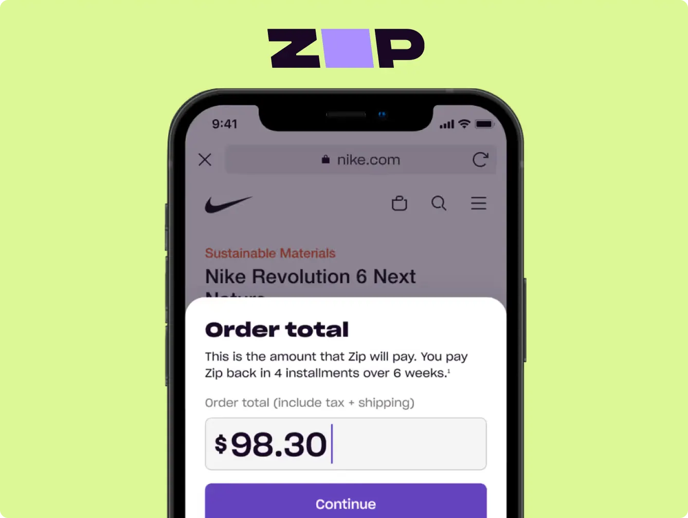 A smartphone screen displaying a purchase checkout page on nike.com. The screen shows the order total of $98.30 with an option to pay in four installments over six weeks using Zip. The Zip logo is prominently displayed at the top of the image against a light green background.