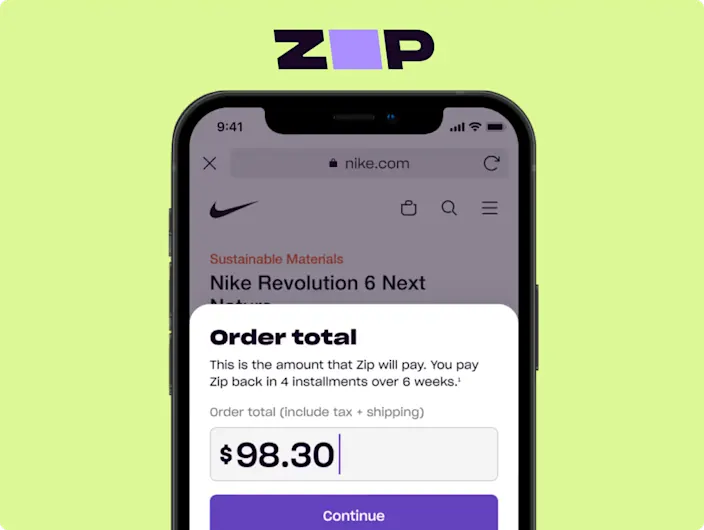 A smartphone screen displaying a purchase checkout page on nike.com. The screen shows the order total of $98.30 with an option to pay in four installments over six weeks using Zip. The Zip logo is prominently displayed at the top of the image against a light green background.