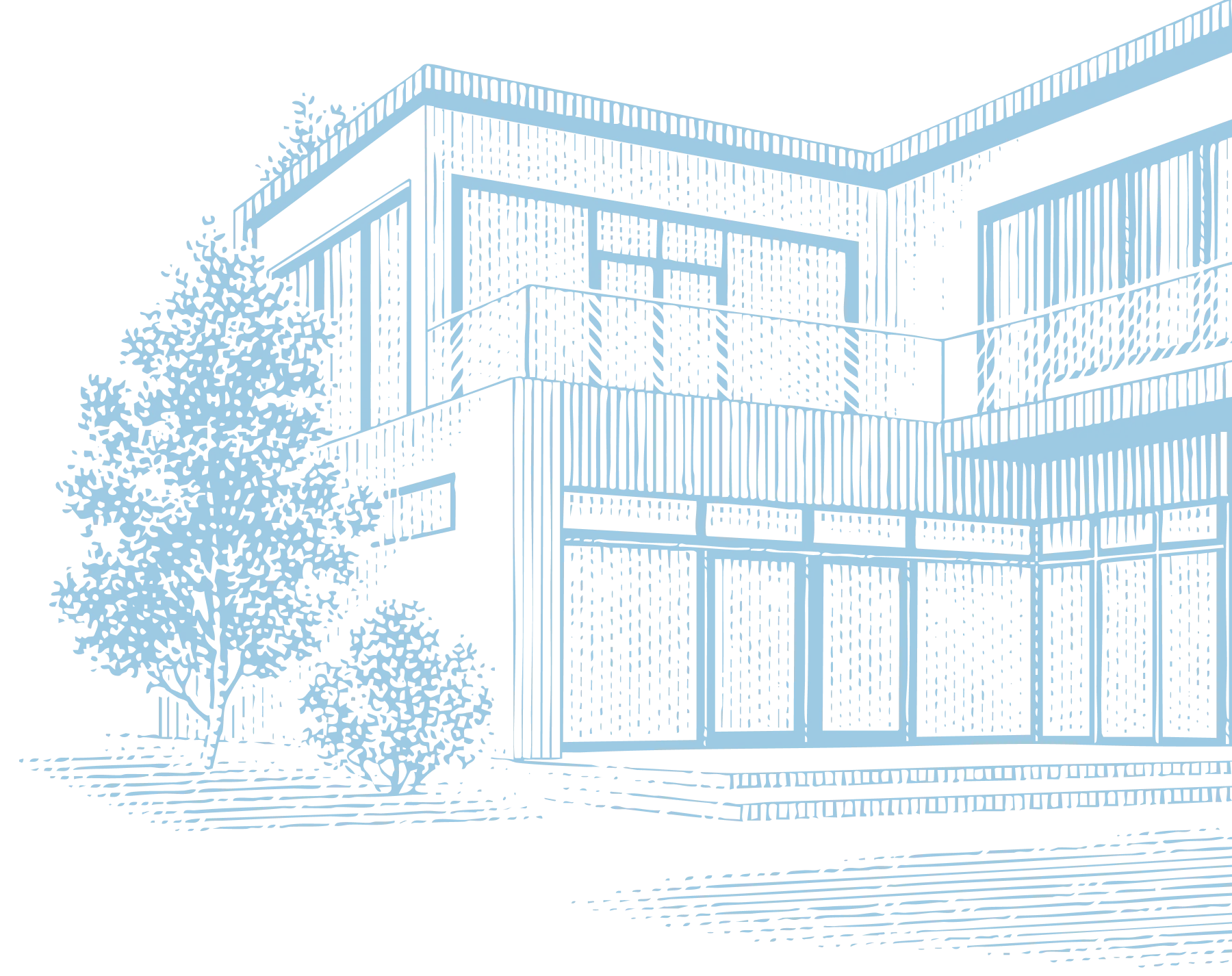 Blue line art of modern two-story house with large windows and surrounding trees
