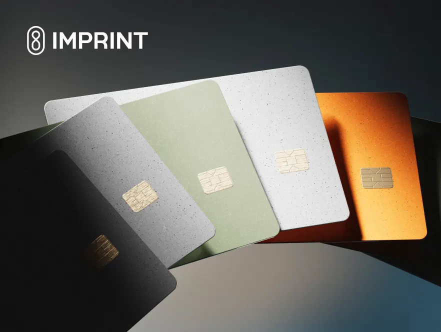 Imprint-branded credit cards representing how the payment platform uses Plaid to strengthen account verification and reduce ACH returns.