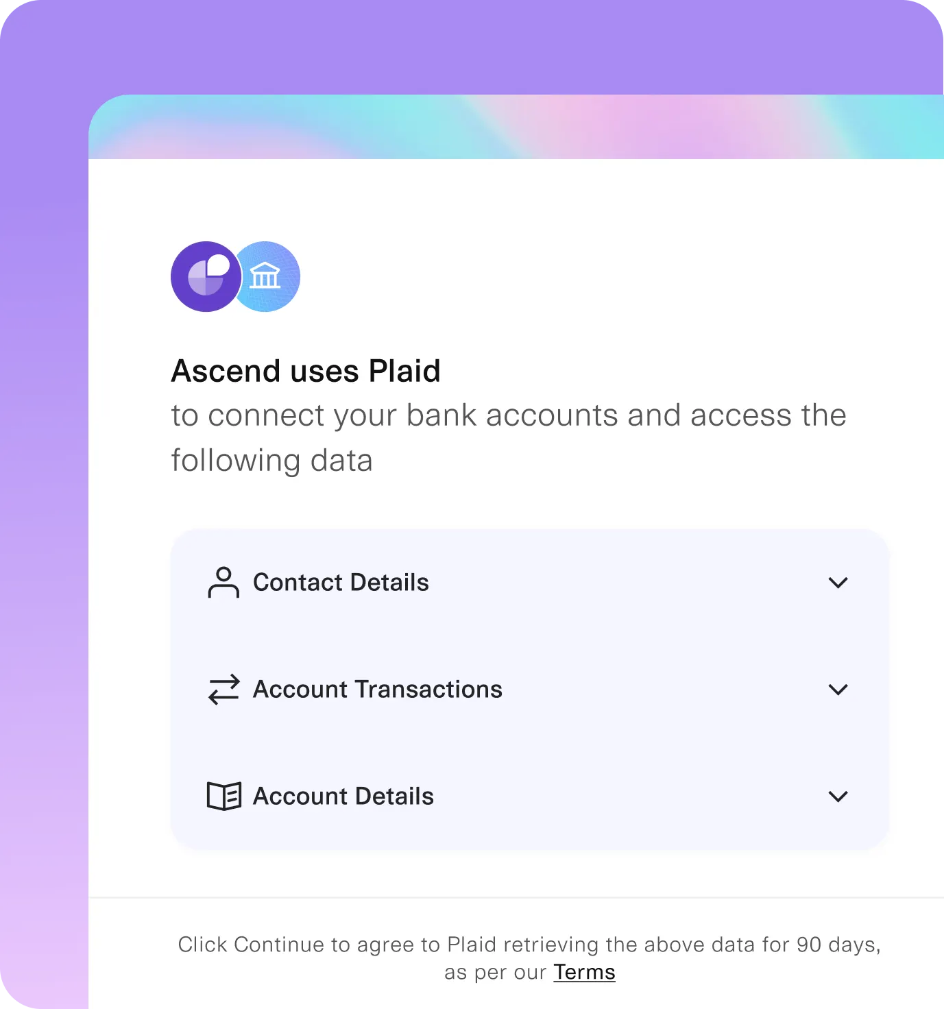 A mobile consent screen showing Plaid-powered bank account connectivity, outlining shared data categories like contact details, transactions, and account information.