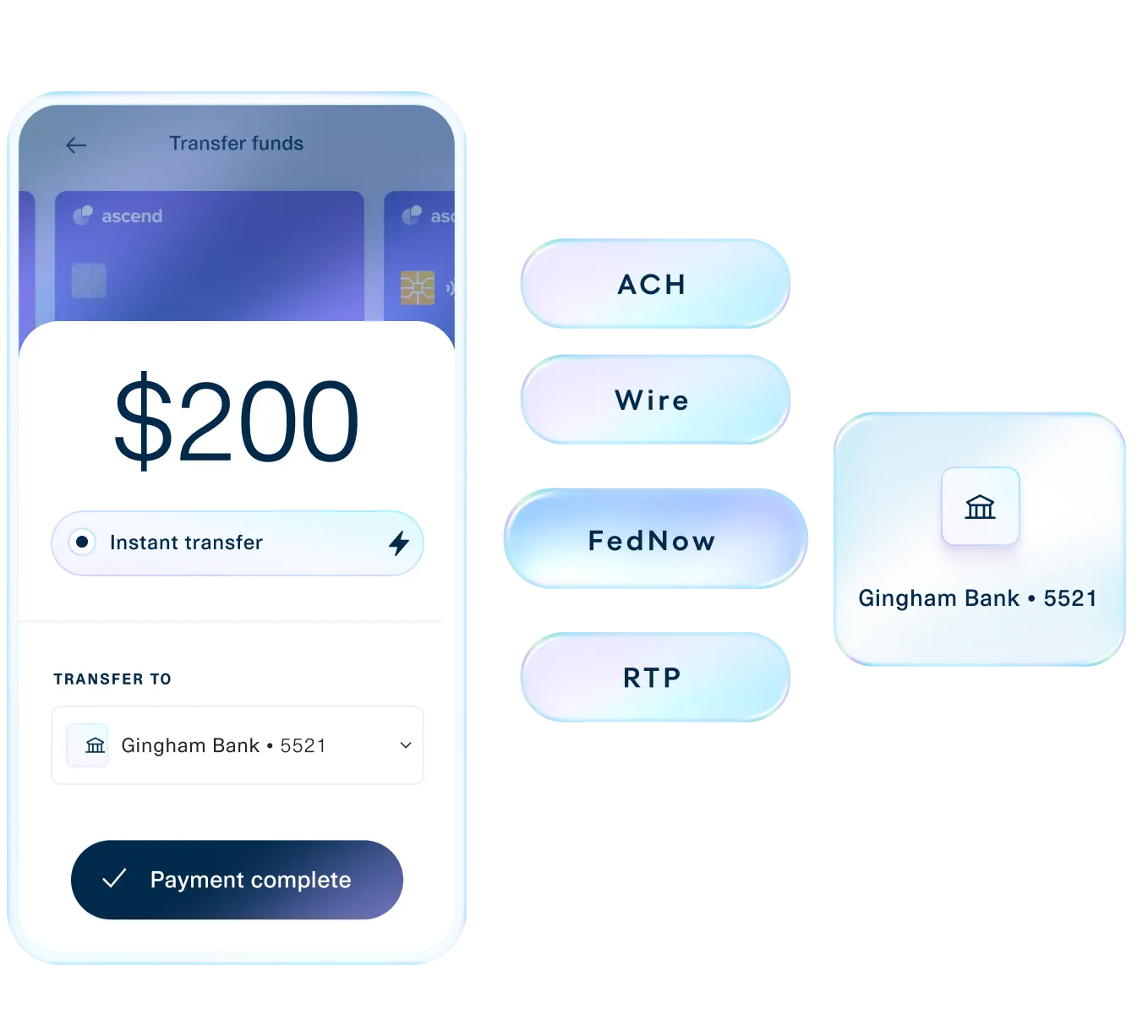 Instant payout screen showing a $200 transfer routed via FedNow, RTP, ACH, or wire, illustrating how Plaid verifies accounts and sends outbound bank payments over the fastest eligible rail.