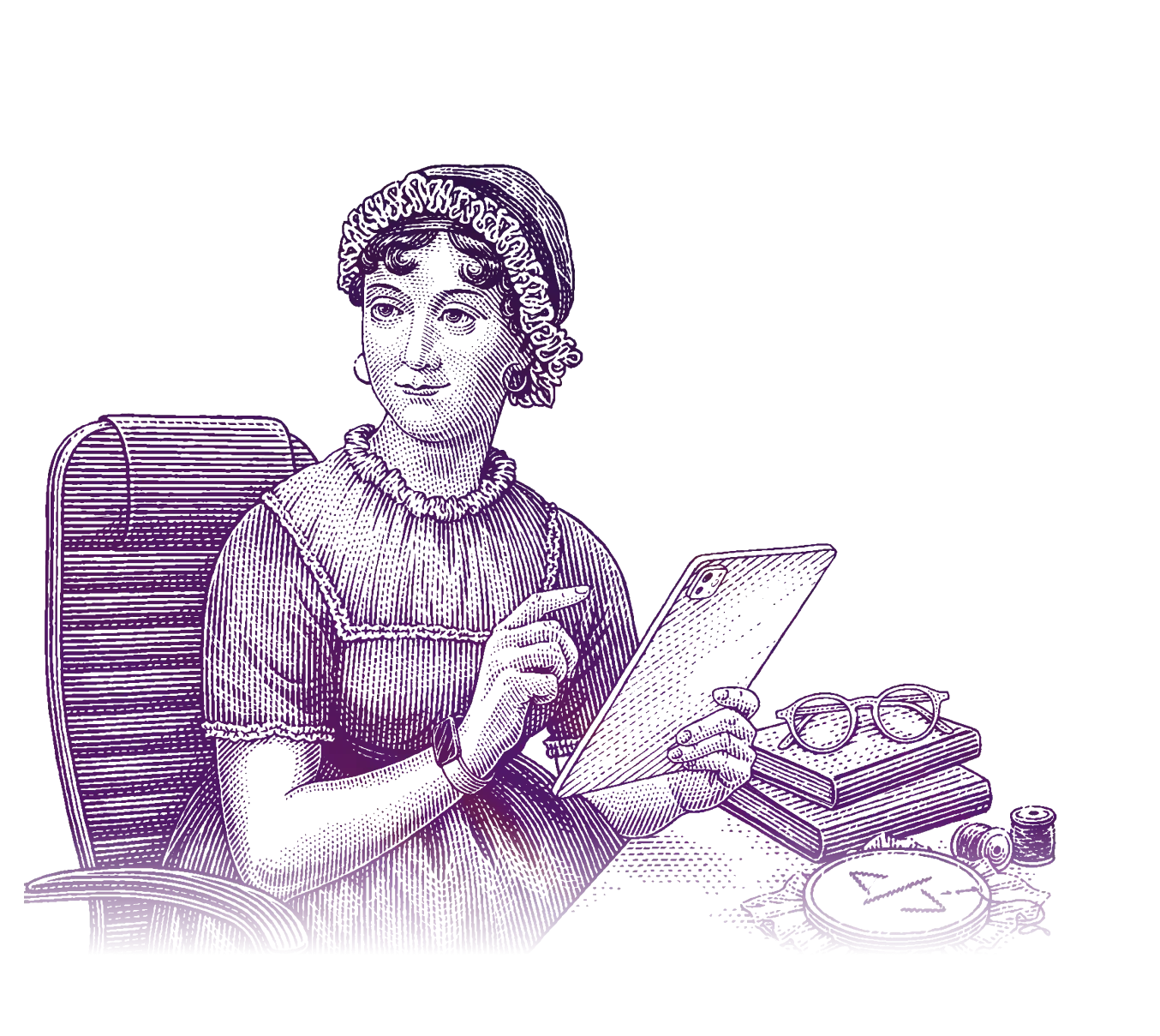 Vintage-style engraving of a woman dressed in Regency-era clothing, seated at a modern office chair while holding a tablet. She wears a smartwatch on her wrist, blending historical and contemporary elements. Nearby, a stack of books, glasses, a spool of thread, and an embroidery hoop with an envelope symbol suggest themes of literature, technology, and correspondence. The background features a gradient blue design, adding a digital aesthetic to the classical illustration.