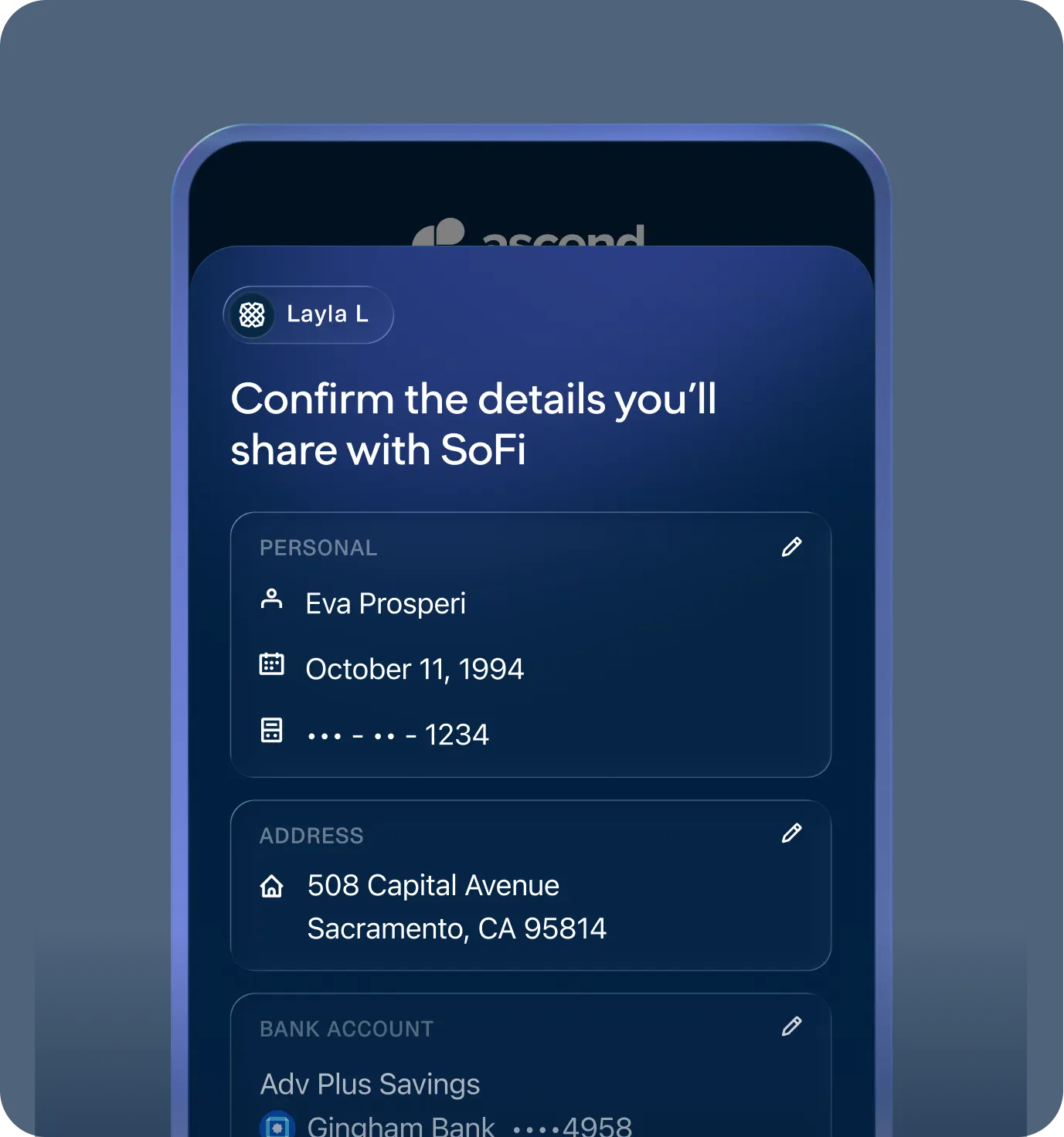 Illustration of a completed Plaid Layer onboarding flow showing customer Eva Prosperi marked as successfully onboarded after identity, account, and eligibility checks are completed.