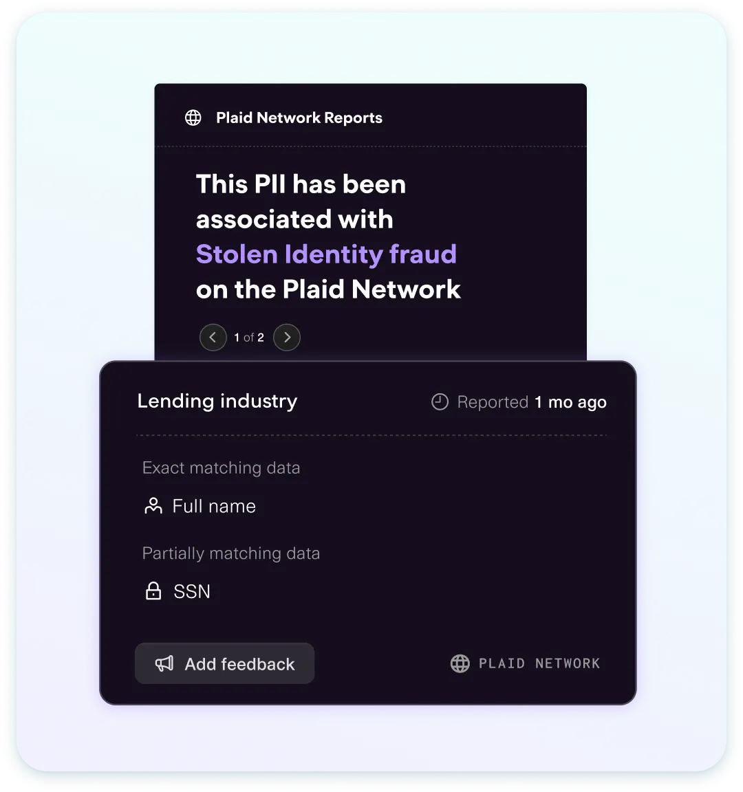 Plaid Network report indicating PII associated with stolen identity fraud, showing details from the lending industry with exact and partial data matches for full name and SSN, and a feedback option.