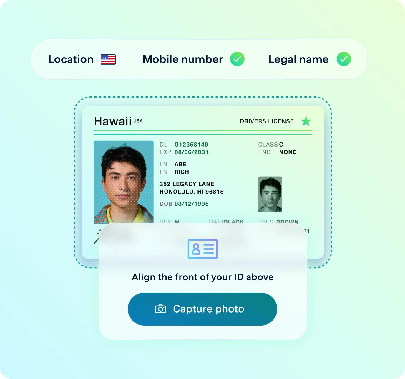 User interface for ID verification showing a Hawaii driver’s license being scanned, with instructions to align the front of the ID and a button labeled “Capture photo.” Verified fields include location, mobile number, and legal name.