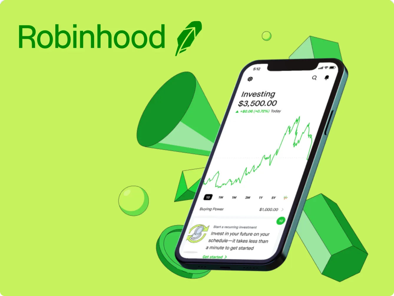 Robinhood advertisement featuring a smartphone displaying an investing screen with a balance of $3,500.00 and a rising stock graph. The background includes green geometric shapes. The Robinhood logo is visible at the top left of the image on a light green background.