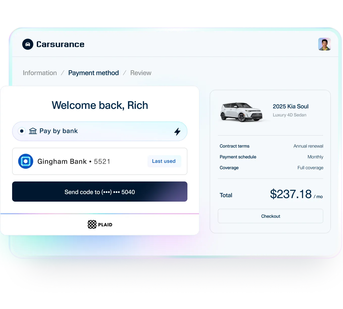 Checkout interface showing ‘Pay by bank’ with a connected bank account and instant verification, illustrating Plaid’s inbound bank payments that drive higher conversion and fewer payment failures.