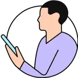 Illustration of a person holding a smartphone, viewed from the side. The person is depicted in a circular frame and is wearing a purple shirt.