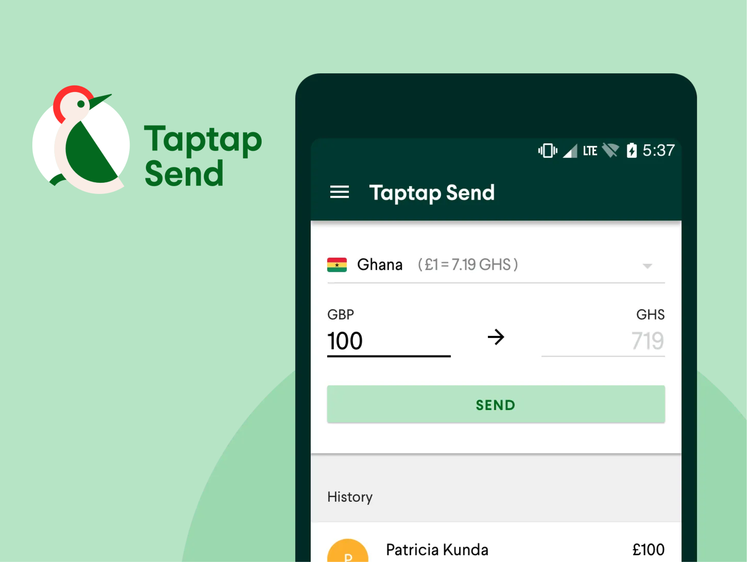 A smartphone interface for sending money to Ghana. The screen shows a transfer of 100 GBP converting to 719 GHS. The Taptap Send logo, which includes a stylized bird, is visible on the left side of the image against a green background.