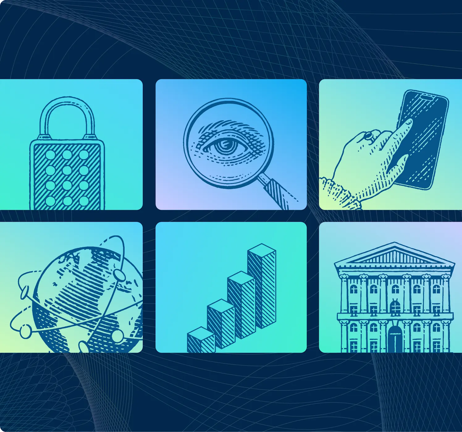 Illustrated icons representing key fintech trends, including cybersecurity (padlock), data privacy (magnifying glass over an eye), mobile payments (hand using a smartphone), global finance (globe with connections), market growth (bar chart), and traditional banking (classical bank building), set against a gradient blue background with a digital grid pattern.
