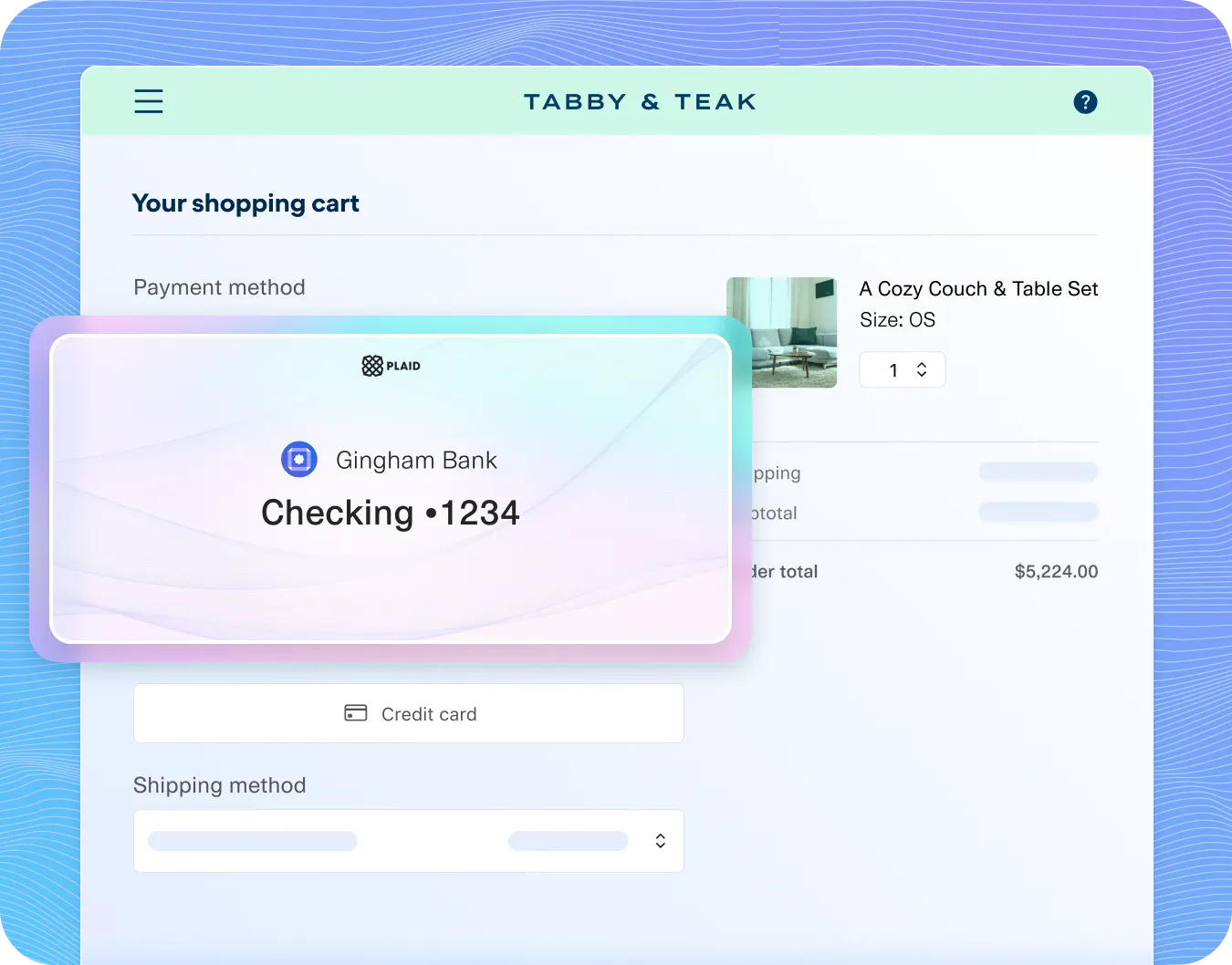Tabby & Teak eCommerce checkout page showing shopping cart with a 'Cozy Couch & Table Set'. Payment method selected is Gingham Bank checking account ending in 1234, verified via Plaid. Total order amount is $5,224.00. Credit card and shipping method options are also displayed.