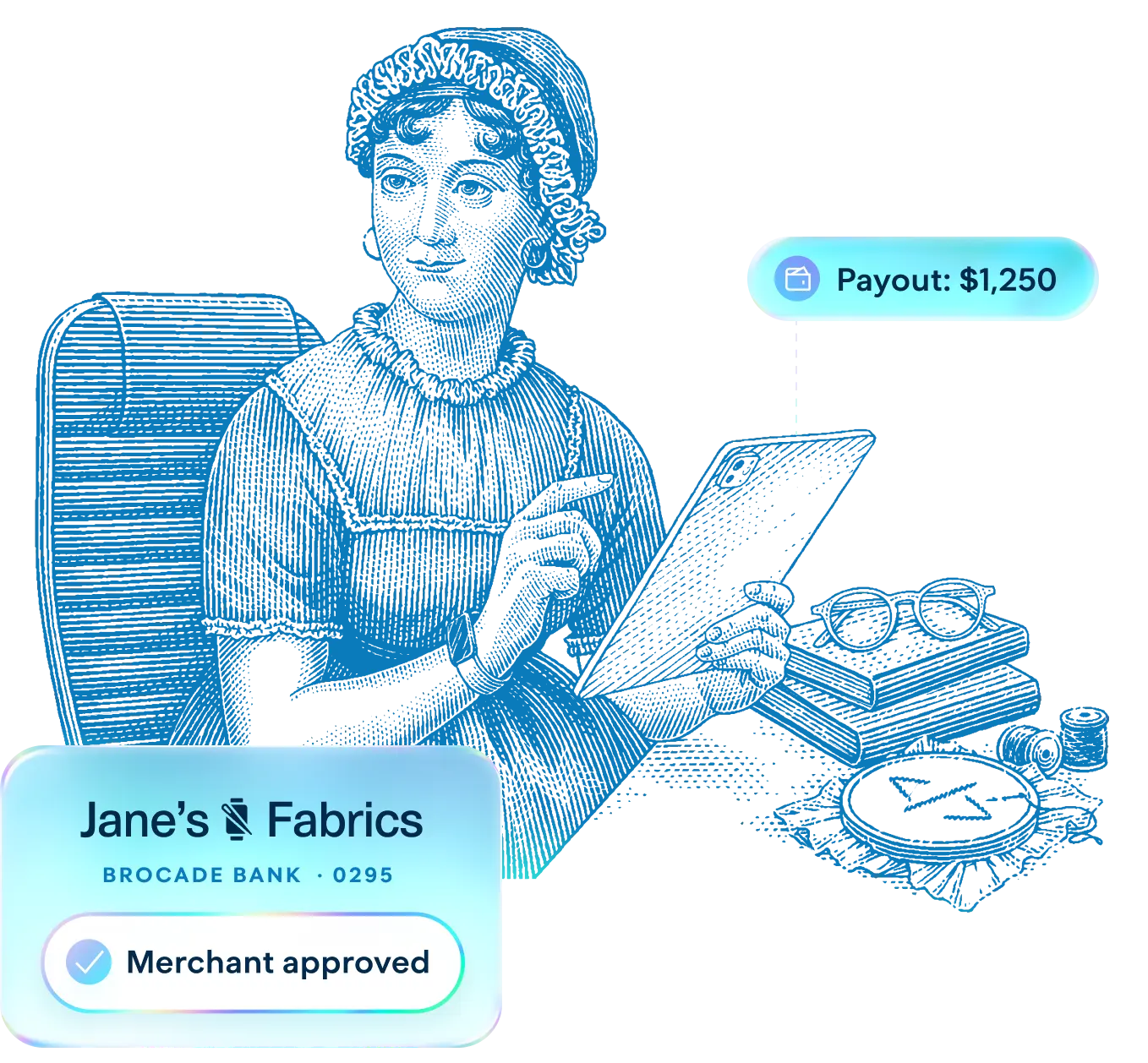 Illustration of a woman holding a tablet with a cross-stitch showing HTML brackets. The bubbles indicate a successful payout of $1,250 for a store called Jane's Fabrics that is Merchant approved