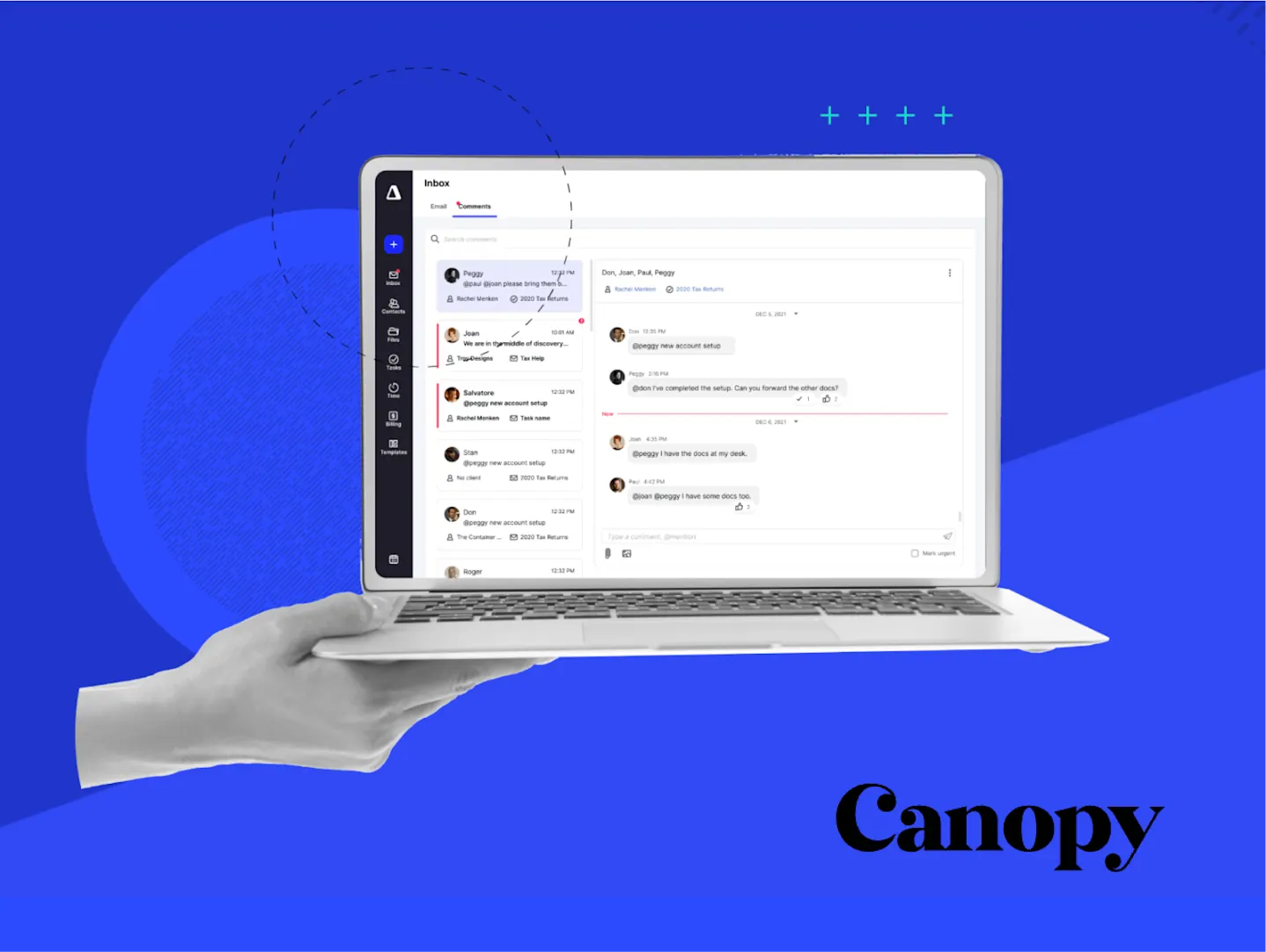 Hand holding a laptop displaying the Canopy app interface with a messaging system open. The screen shows a list of conversations and a detailed view of a selected chat. The background is blue with abstract geometric shapes, and the Canopy logo is visible at the bottom right of the image.