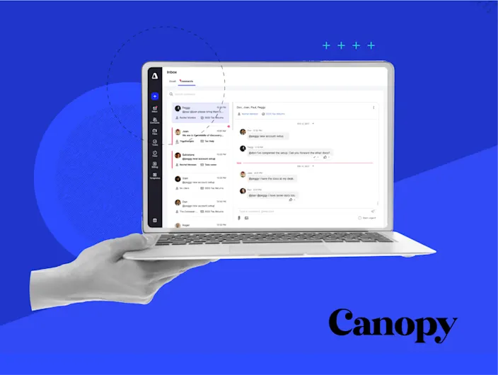 Hand holding a laptop displaying the Canopy app interface with a messaging system open. The screen shows a list of conversations and a detailed view of a selected chat. The background is blue with abstract geometric shapes, and the Canopy logo is visible at the bottom right of the image.