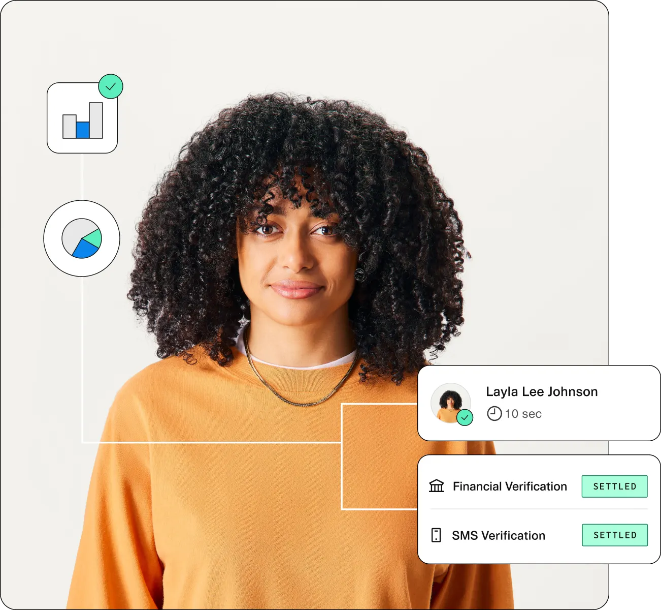 A confident woman with icons indicating successful verifications and user interaction. Represents a streamlined user verification process.