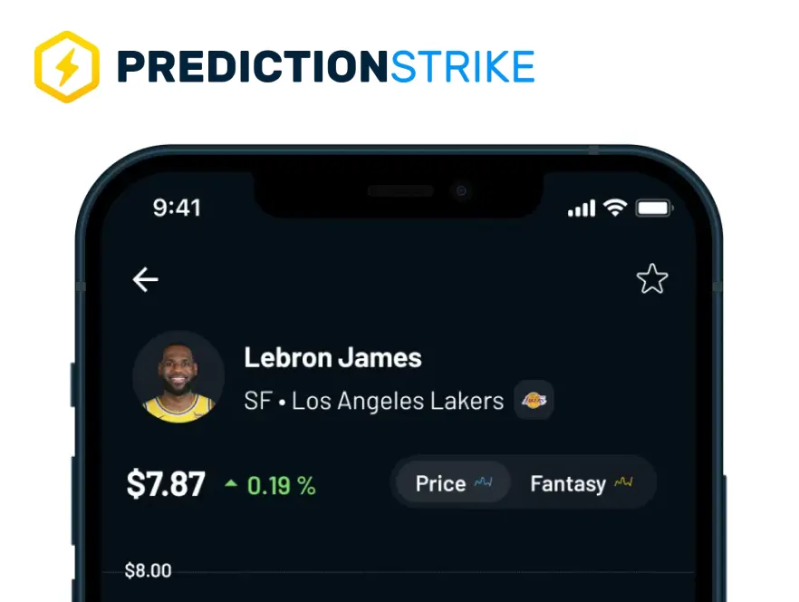 The PredictionStrike app interface, showing NBA player LeBron James's stock-like value at $7.87 with a 0.19% increase. Tabs for "Price" and "Fantasy" performance are also shown, indicating real-time athlete-based investment tracking.