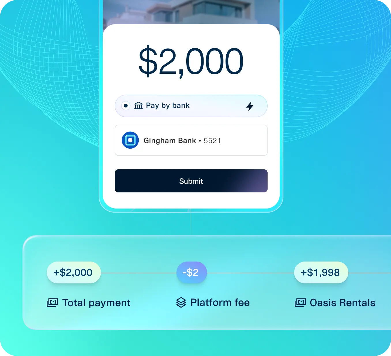 Image composite showing a $2,000 payment via pay by bank 