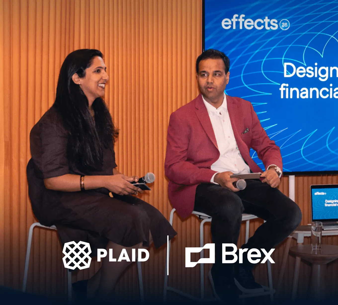 A photo showing an interview from Plaid Effects 2026. Chandni Chopra Sorrentino, Head of Product, Network Enablement, and Access at Plaid interviews Ankit Prasad, Director of AI Products at Brex, to discuss what it takes to move agentic workflows from promising demos to production-ready systems.
