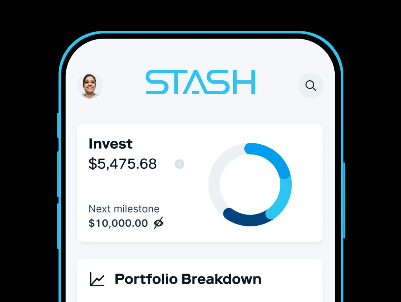 The total amount invested is $5,475.68. The next milestone is $10,000.00, indicated by a circular progress bar showing the progress towards this milestone. Additionally, there is a "Portfolio Breakdown" section, but the details of this section are not visible in the screenshot.