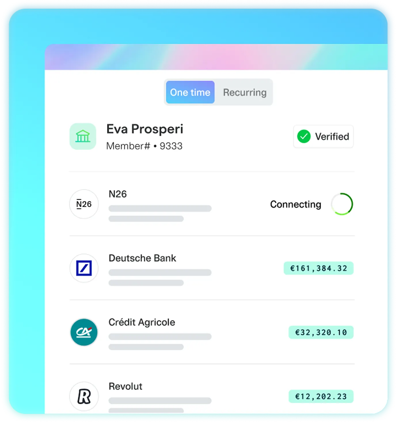 Banking app showing connected accounts: N26, Deutsche Bank, Crédit Agricole, and Revolut with account balances displayed