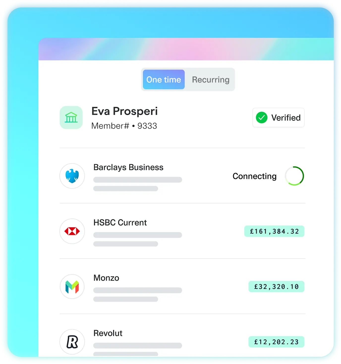 Banking app showing connected accounts: Barclays, HSBC, Monzo with account balances displayed