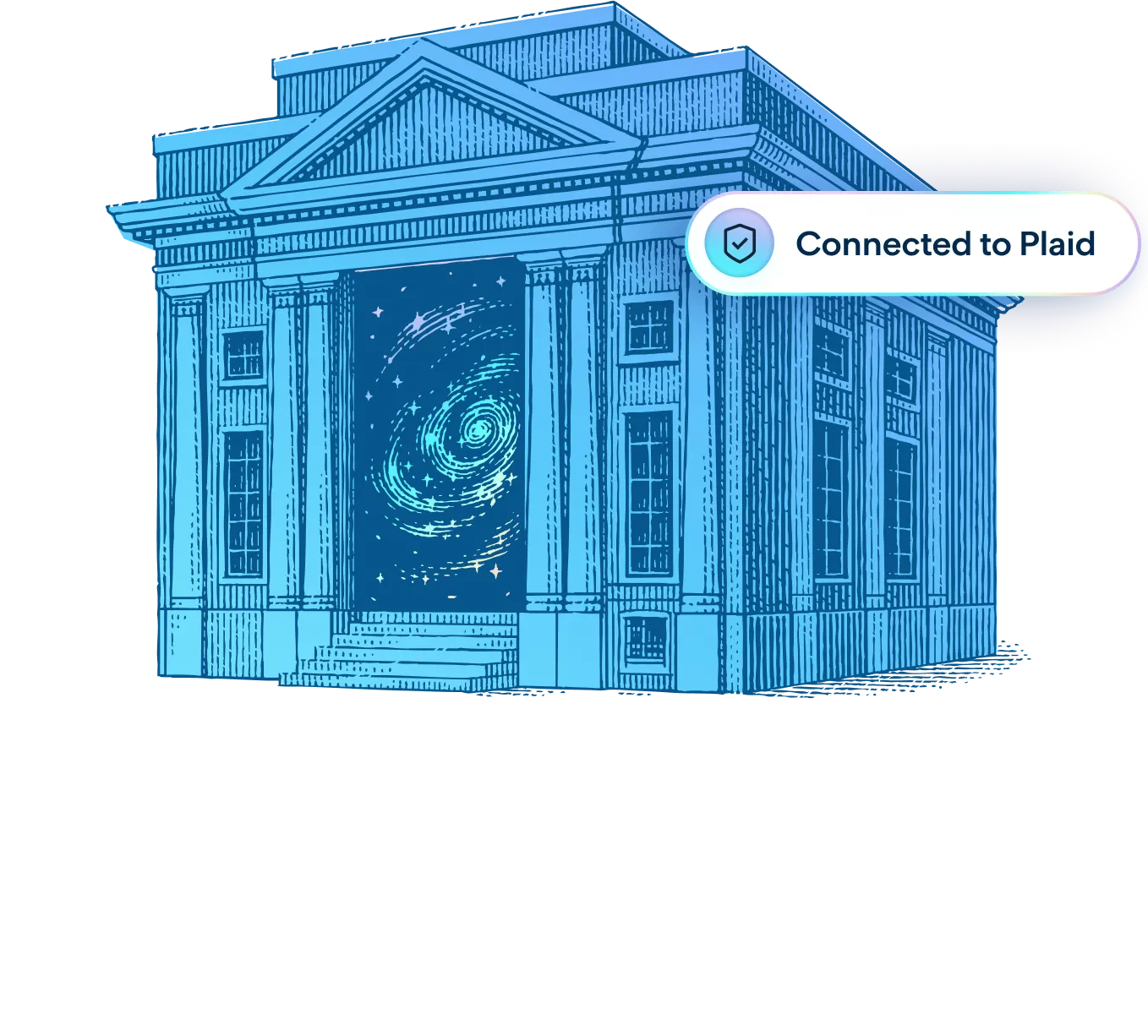 illustration composite of a financial institution showing a galaxy or solar system inside of the bank building