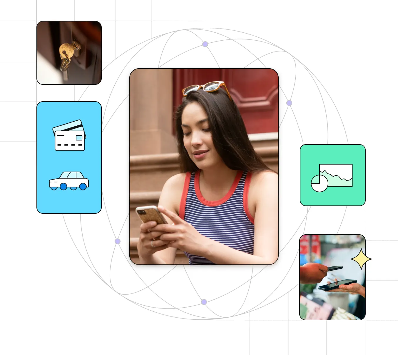 Illustration featuring a woman looking at her smartphone in the center. Surrounding her are various icons: a key in a keyhole, a credit card with a car, a pie chart with a downward trend, and a person making a payment with a card reader. The background includes interconnected nodes and lines, suggesting a network or connection.