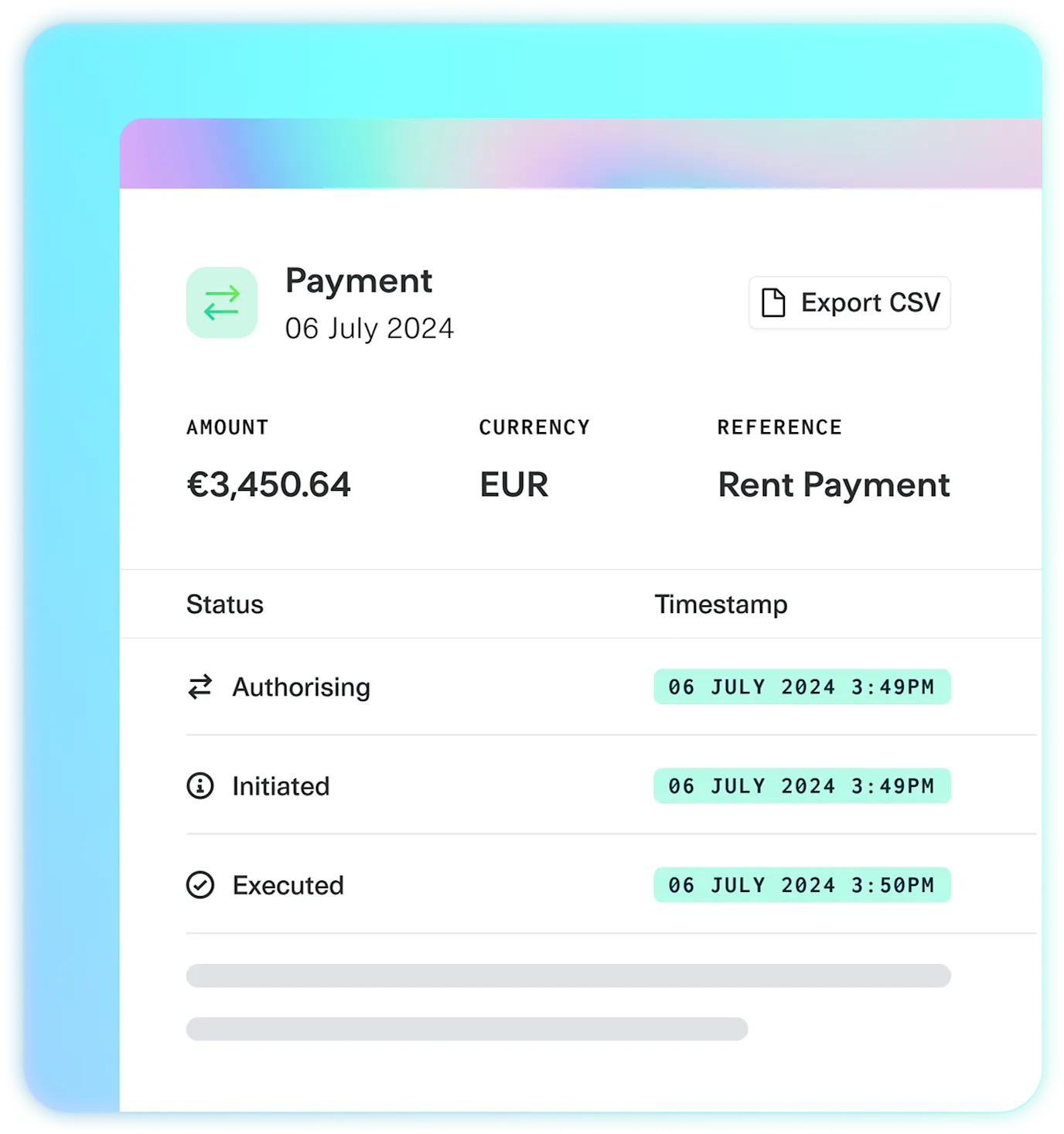 Payment transaction details showing €3,450.64 EUR rent payment with status timeline from authorising to executed on July 6, 2024