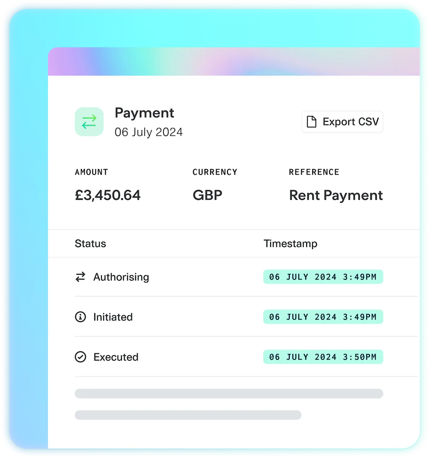 Payment transaction details showing £3,450.64 rent payment with status timeline from authorising to executed on July 6, 2024