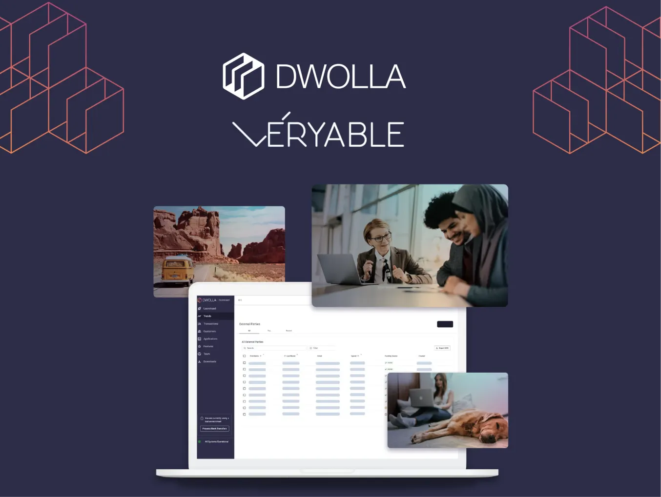 Logos of Dwolla and Veryable at the top, with a laptop displaying a financial dashboard interface below. Surrounding the laptop are images of people working and a scenic desert landscape, representing various business and lifestyle contexts. The background is dark with geometric line patterns on the sides.