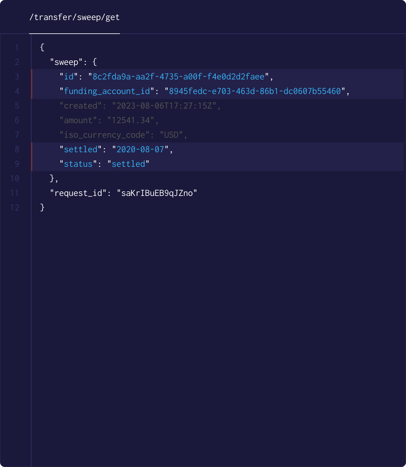 JSON code highlighting settlement status