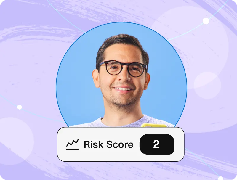 A man with glasses in a blue circle against a purple scribbled background. Below him, a label reads "Risk Score 2".