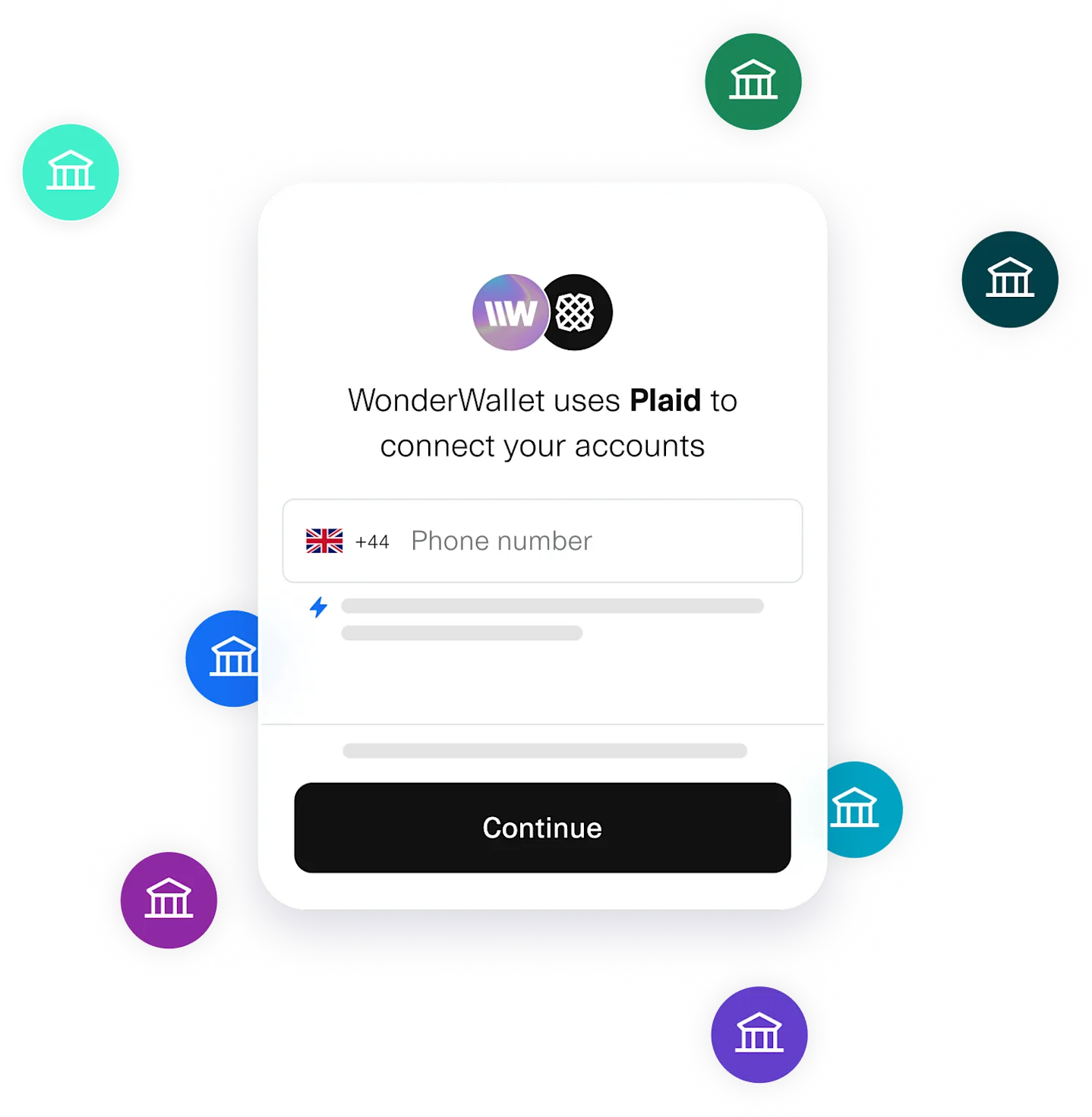 Login screen showing WonderWallet using Plaid to connect financial accounts, prompting the user to enter a phone number. The background features abstract line art and bank icons, representing secure account linking across institutions.