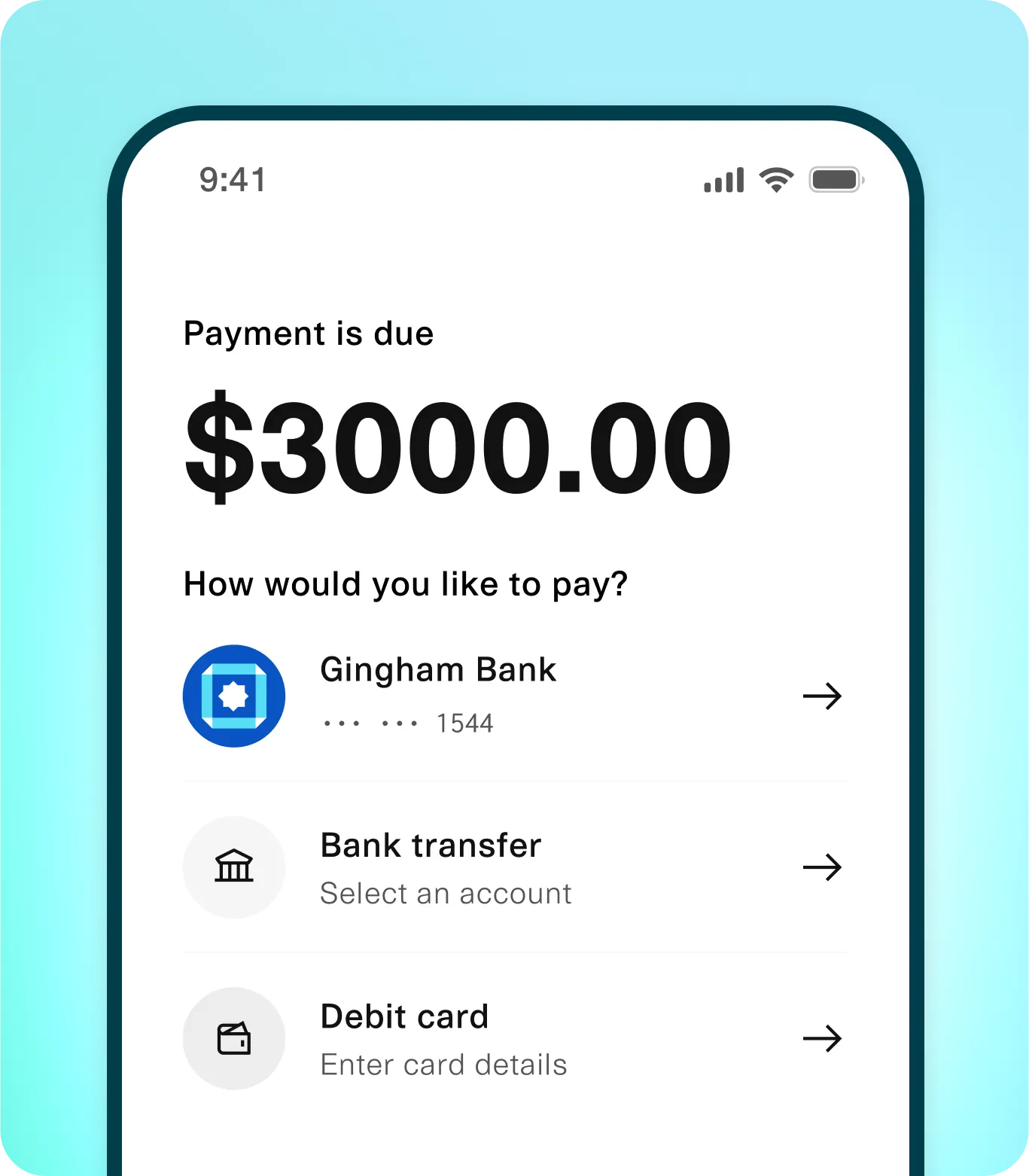 Mobile payment screen displaying a $3000.00 balance due. Users can choose a payment method, including a linked Gingham Bank account ending in 1544, bank transfer, or debit card entry. The interface has a clean, modern design with a blue gradient background.