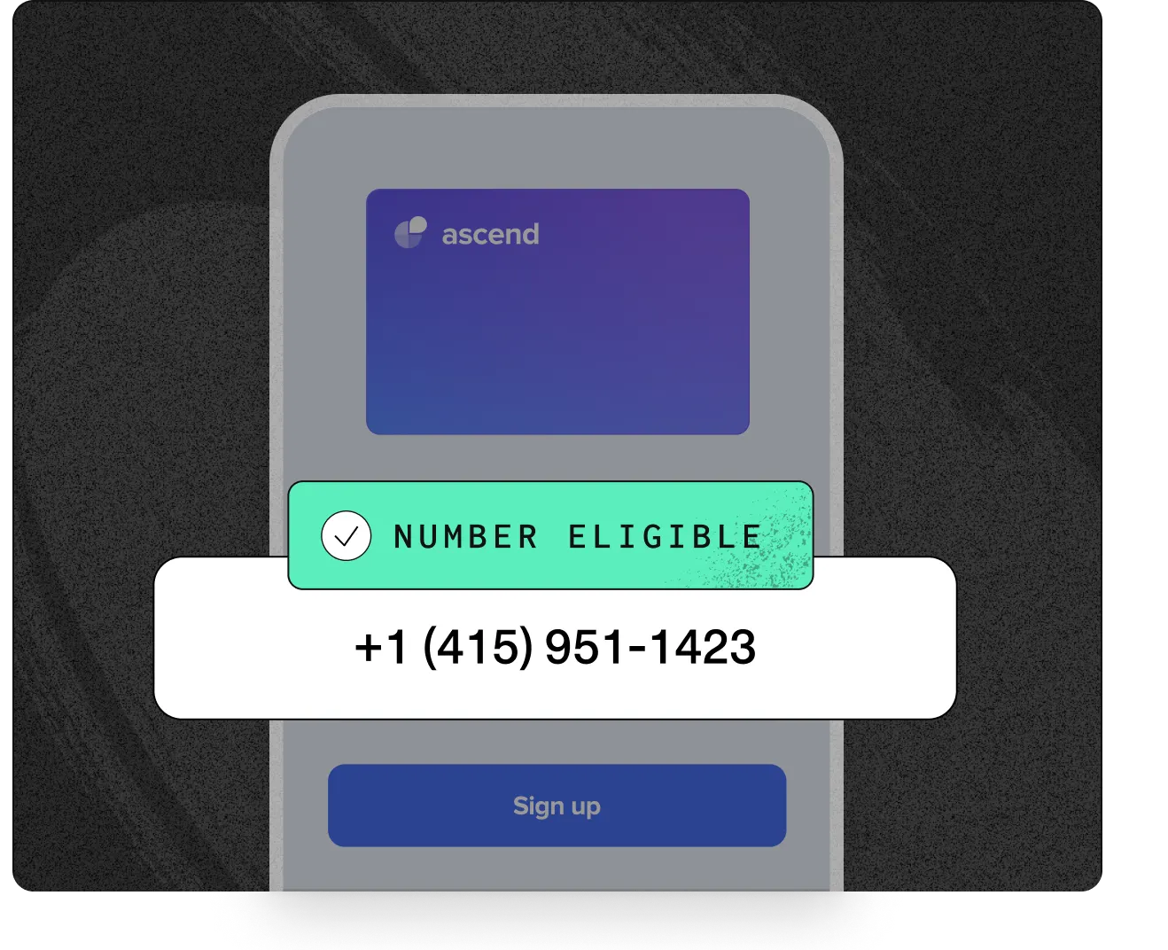 A smartphone screen displaying a notification. The notification has a green background with a checkmark and the text "NUMBER ELIGIBLE." Below this, the phone number "+1 (415) 951-1423" is displayed in black text on a white background. The screen also shows a purple-blue card with the "ascend" logo and a blue "Sign up" button at the bottom. The background is dark gray and textured.