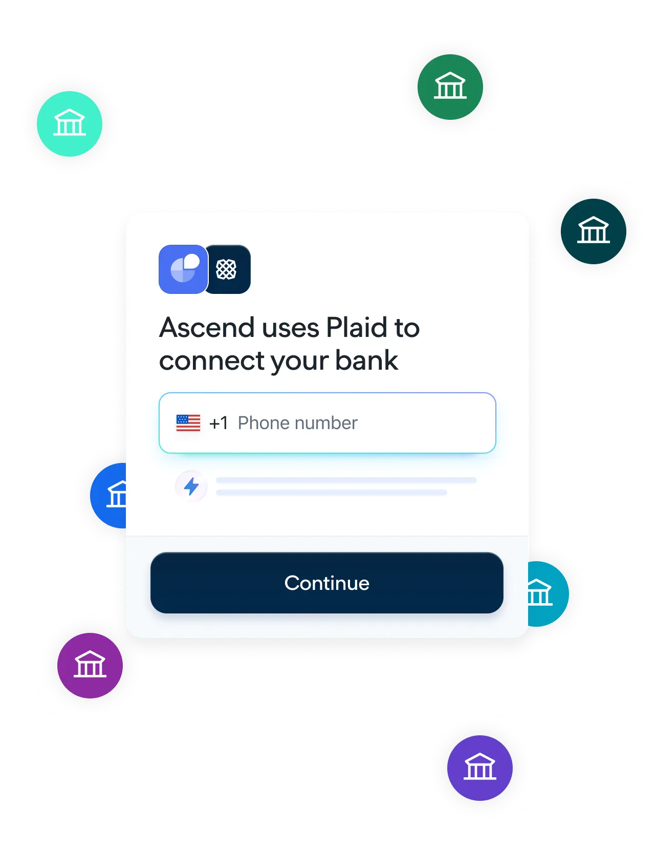 Login screen showing Ascendusing Plaid to connect financial accounts, prompting the user to enter a phone number. The background features abstract line art and bank icons, representing secure account linking across institutions.