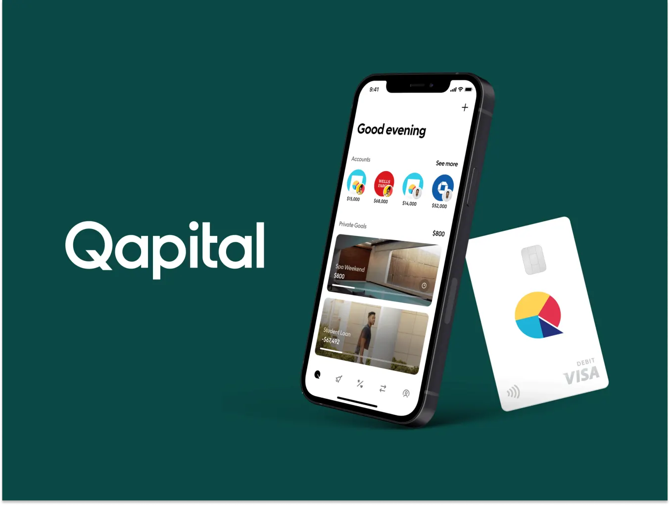 Qapital logo displayed on a dark green background, accompanied by an image of a smartphone showing the Qapital app interface with account balances and savings goals, alongside a white Qapital-branded Visa debit card.