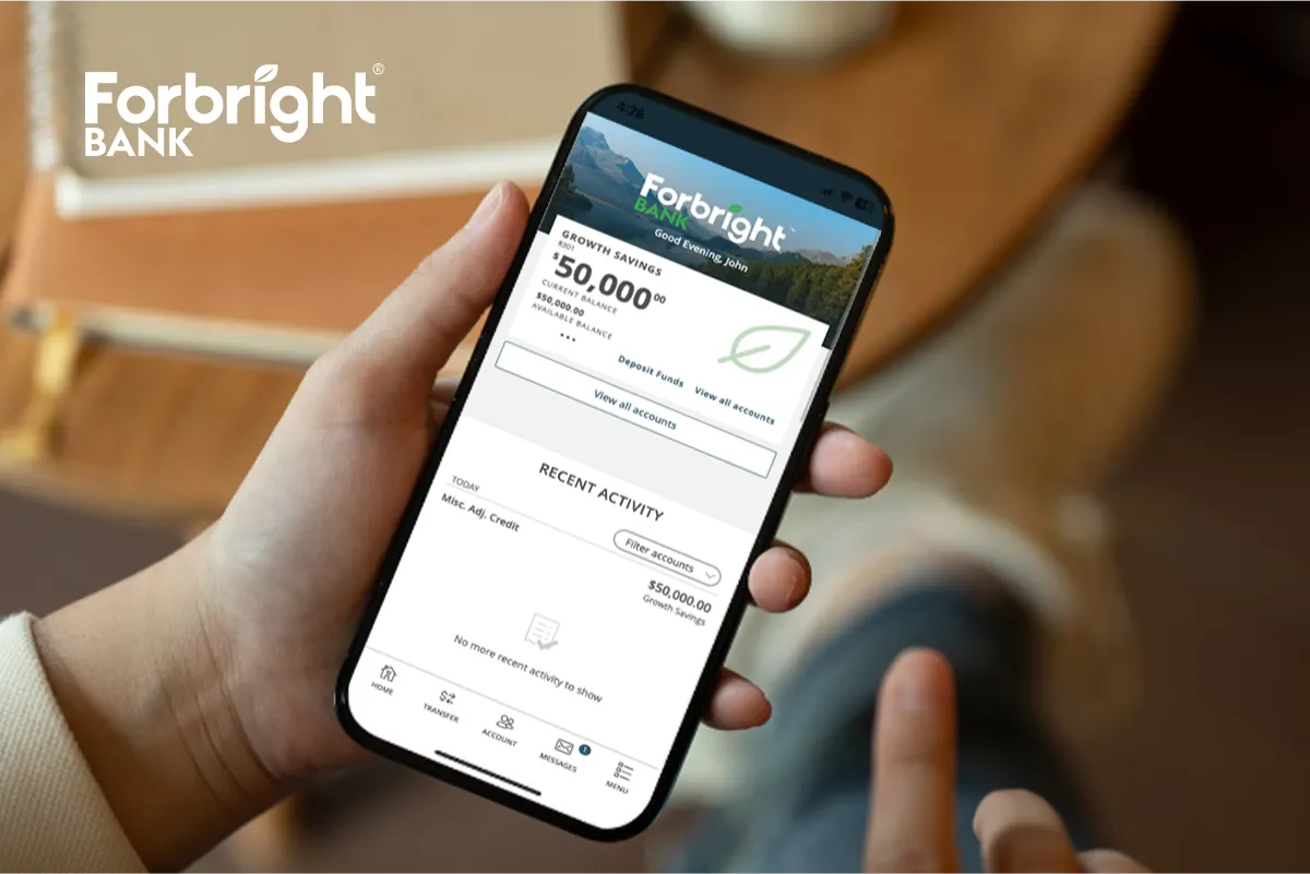 Image composite of a user using Forbright Bank's digital banking interface