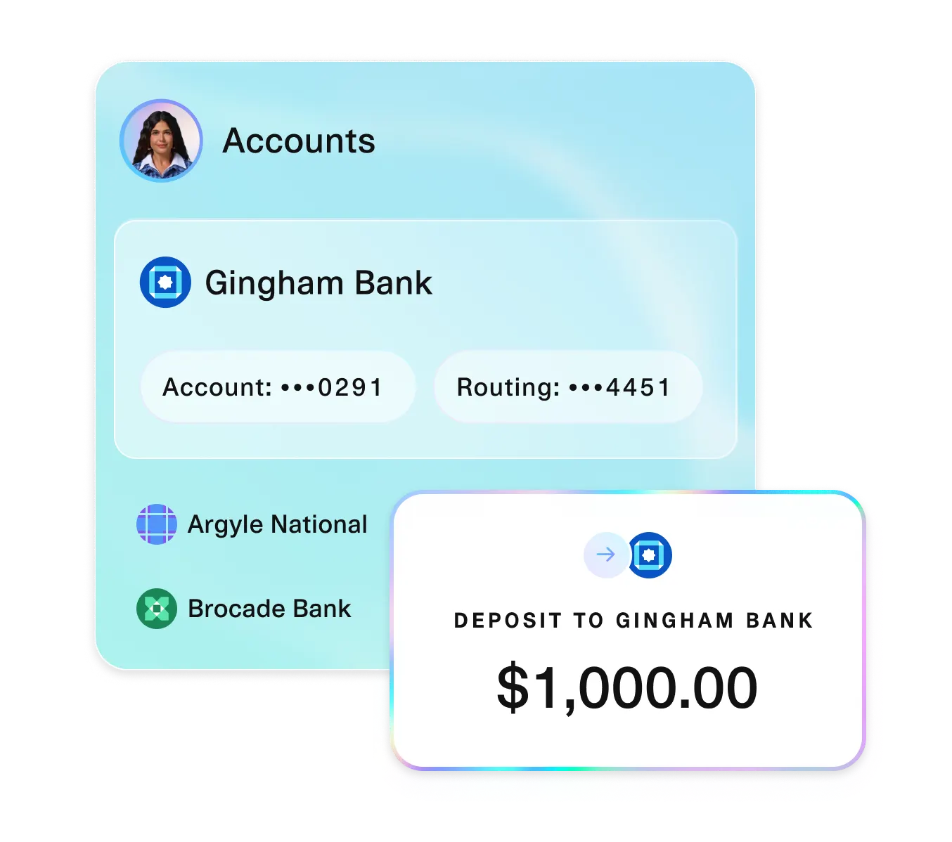 Illustration of an authenticated bank account via API including a screenshot of an accepted deposit for $1000