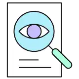 Illustration of a document with a magnifying glass overlaying an eye symbol, representing scrutiny, review, or analysis. The document has text lines.