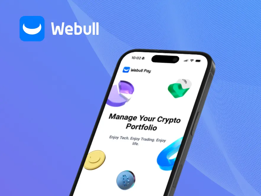 Illustration of a mobile device with Webull on the screen and the Webull logo 