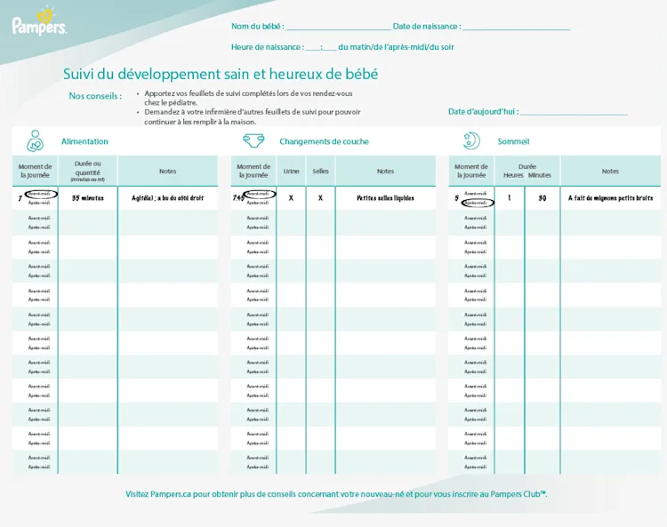 FEUILLET DE SUIVI DE L’ALIMENTATION, DU CHANGEMENT DE COUCHE ET DU SOMMEIL